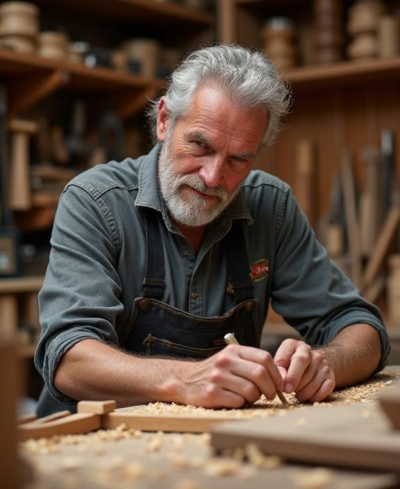 A portrait of the master craftsman in the workshop.