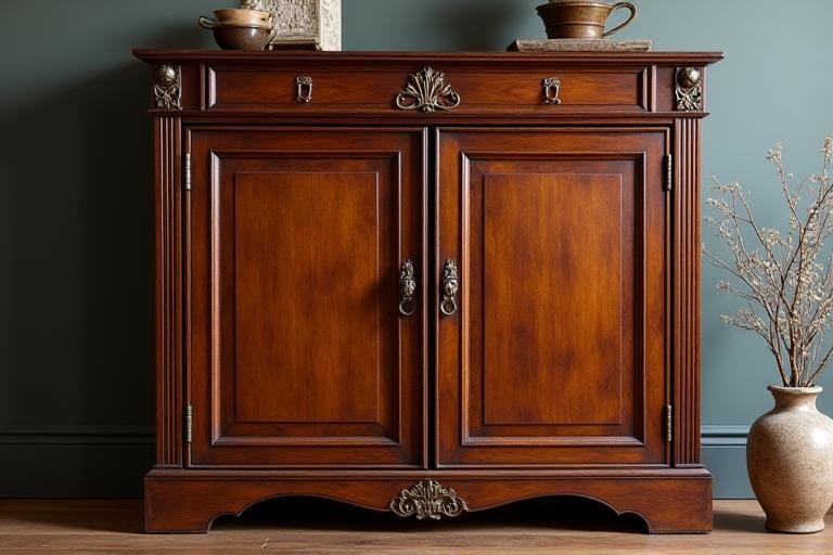The antique cabinet structurally repaired and polished to its former glory.