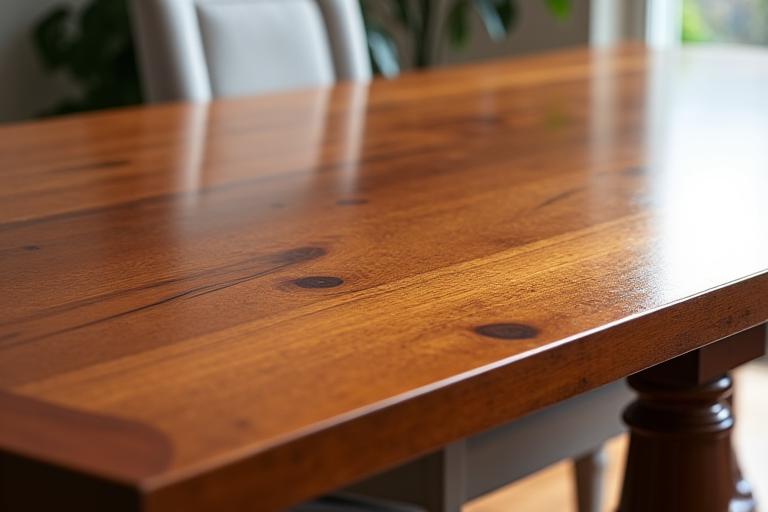The dining table completely refinished with a lustrous shine.